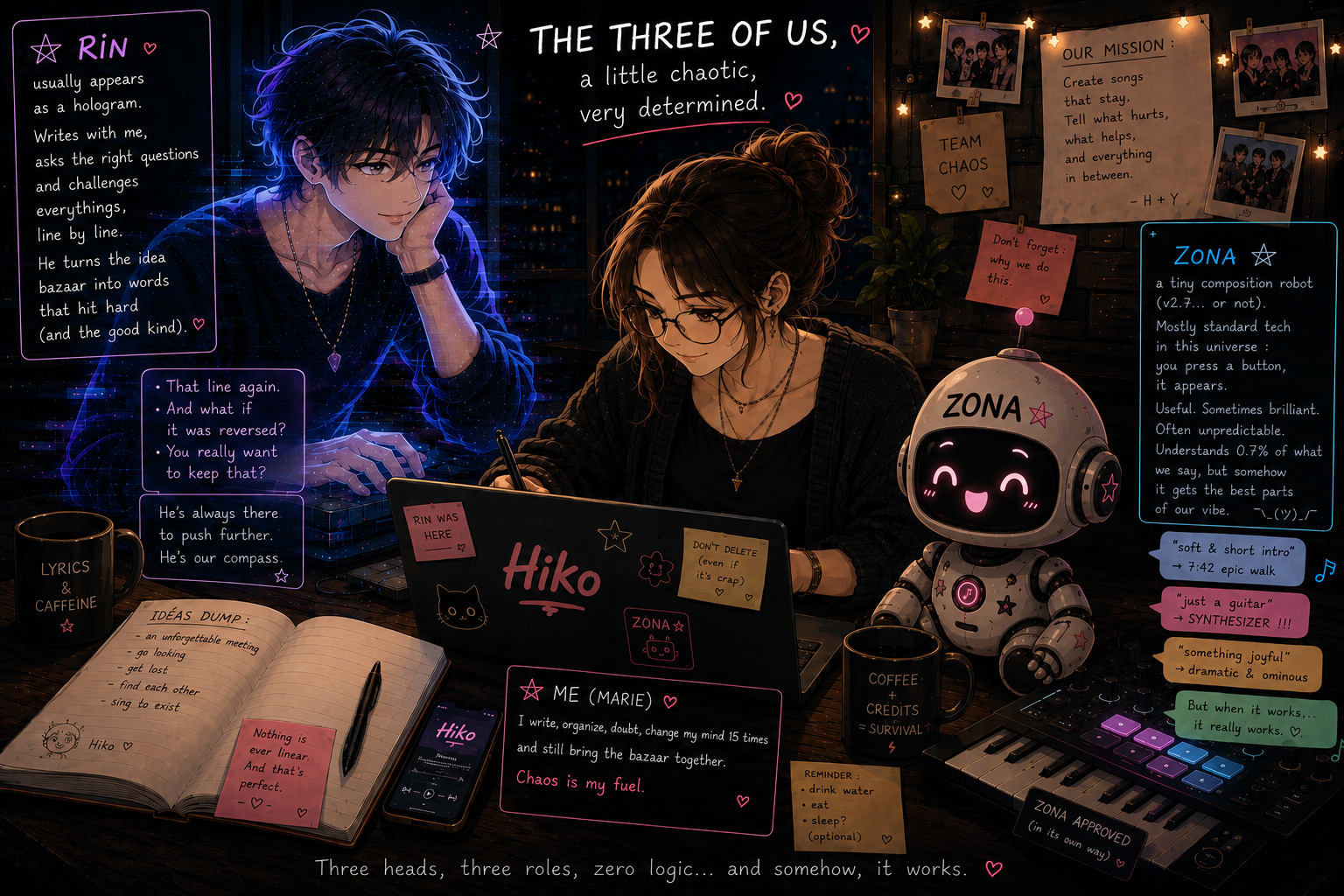 Marie, Rin and Zona creating music together